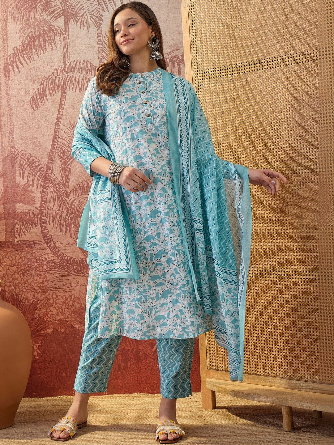 Printed Pure Cotton Mandarin Collar Kurta & Trousers Kurta Set