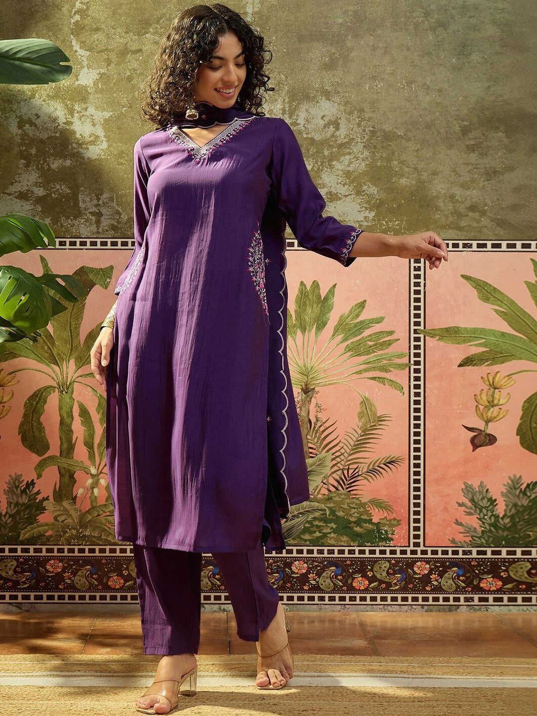 Embroidered V Neck Kurta Sets