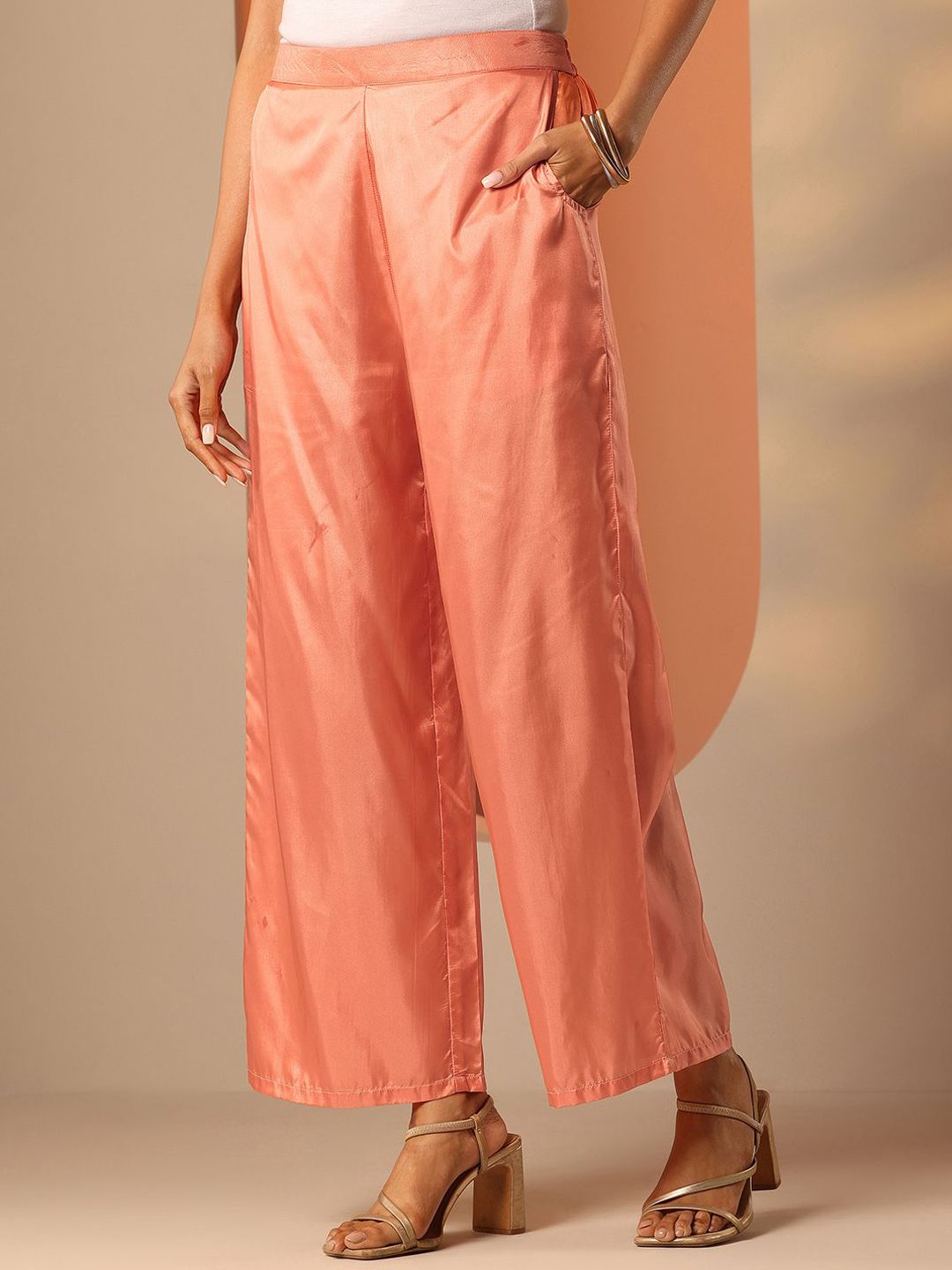 Dhiyona LL Womens Peach Woven Design Anarkali Kurta With Palazzos & Dupatta