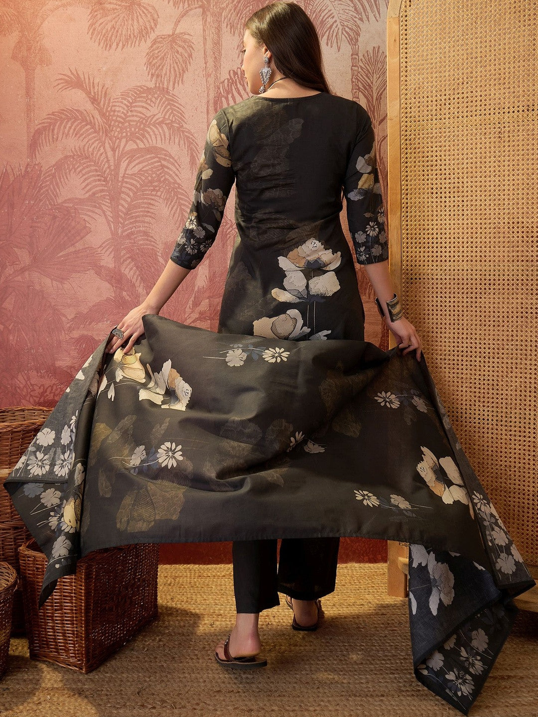 Printed Pure Cotton V-Neck Kurta & Trousers With Dupatta