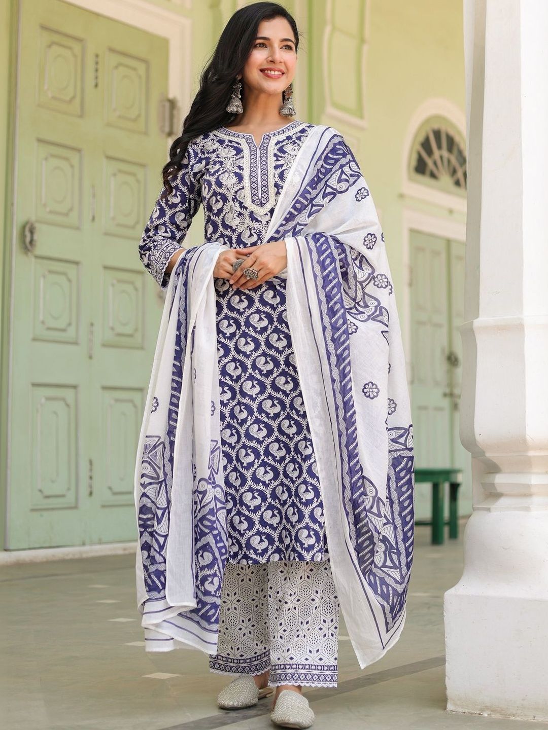 Dhiyona RR Women's Printed Pure Cotton Kurta with Trousers & With Dupatta