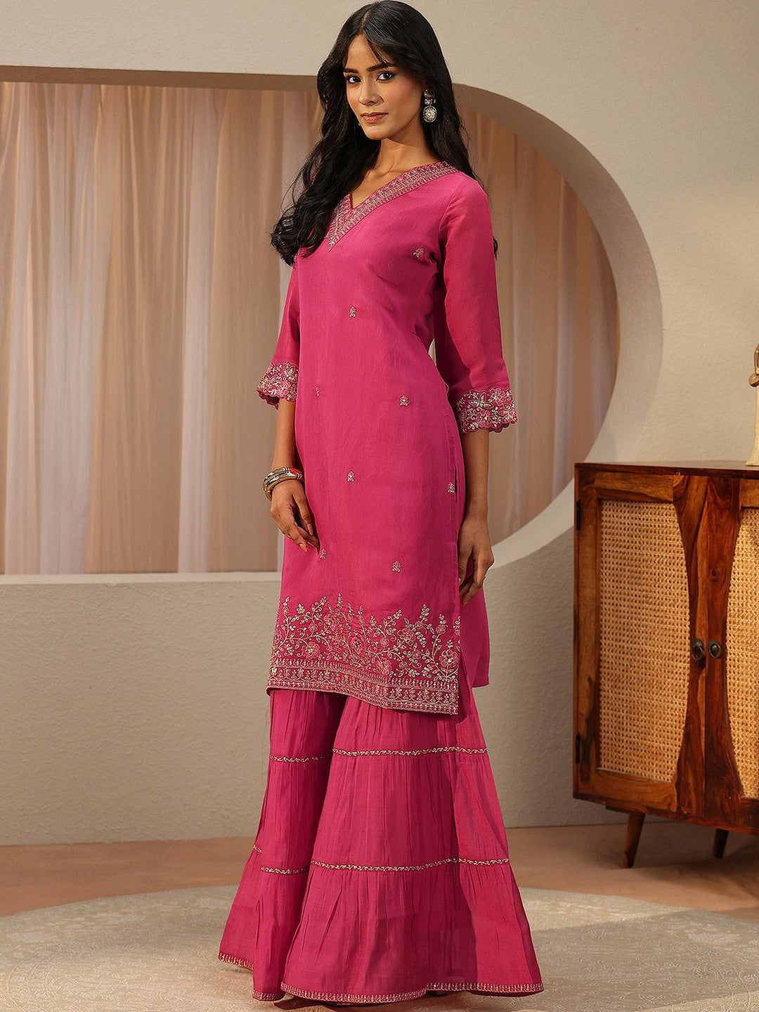 Fuchsia Pink Embroidered Chanderi Cotton Sharara Suit Set