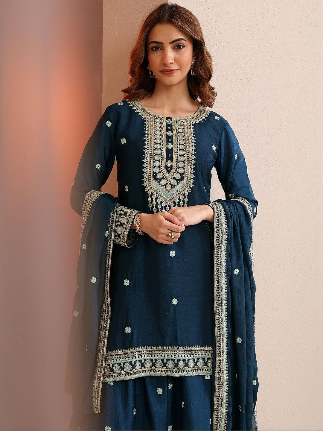 Women Ethnic Motifs Embroidered Regular Thread Work Kurta with Sharara & With Dupatta