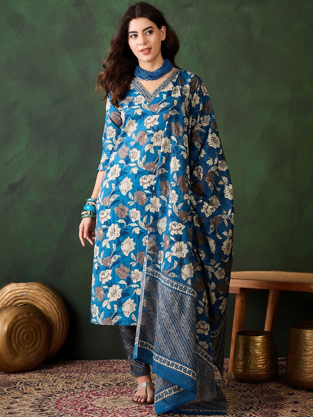 Printed Pure Cotton V-Neck Kurta & Trousers Kurta Set