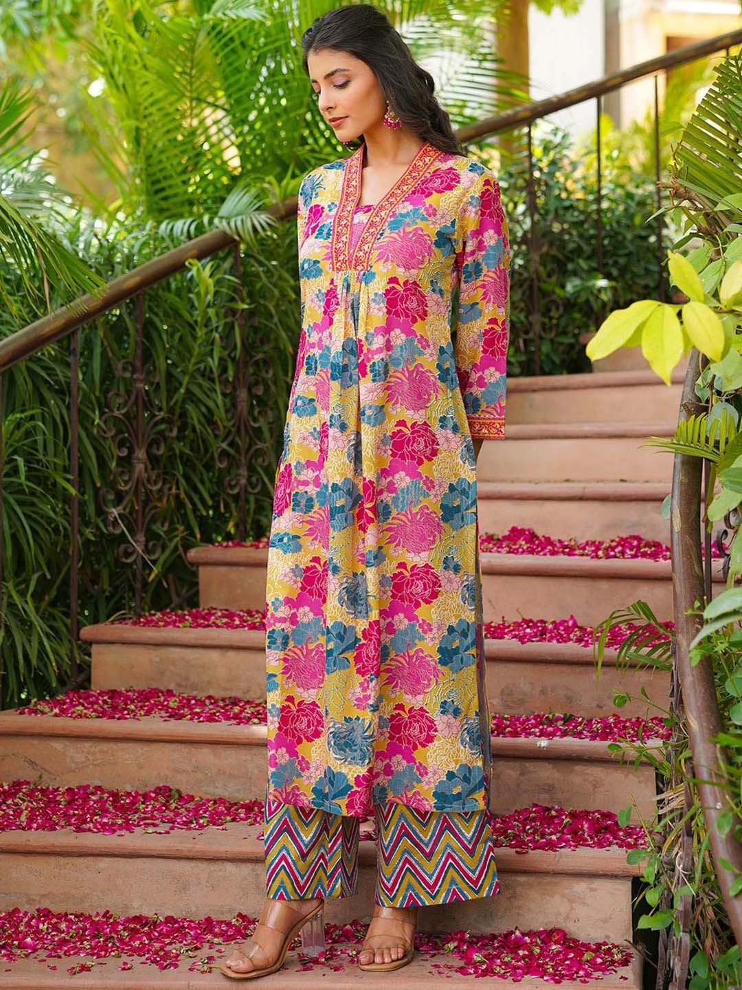 Dhiyona KL Floral Printed Pleated A-Line Kurta With Palazzos & Dupatta