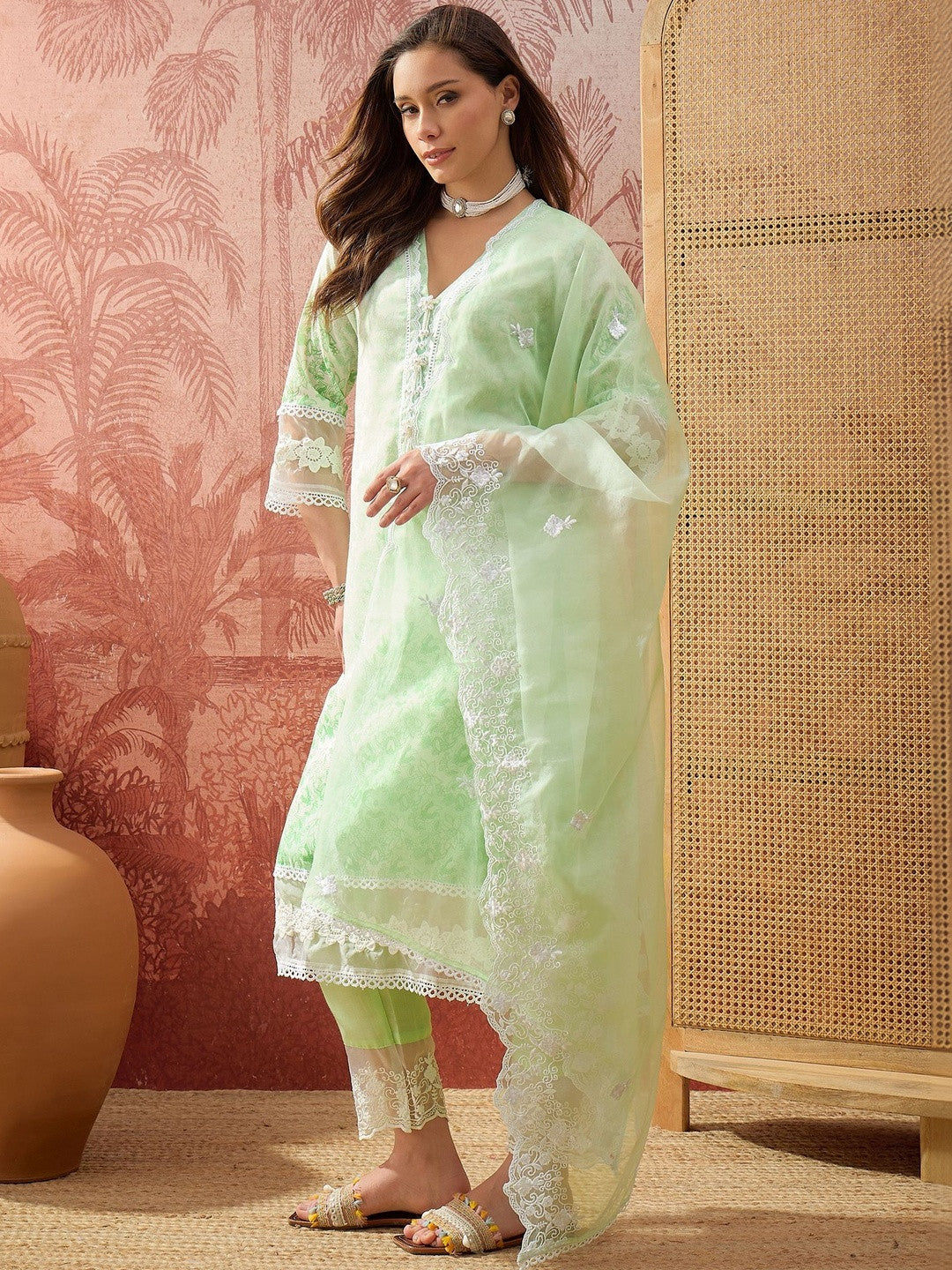 Printed V-Neck Kurta & Trousers with Dupatta