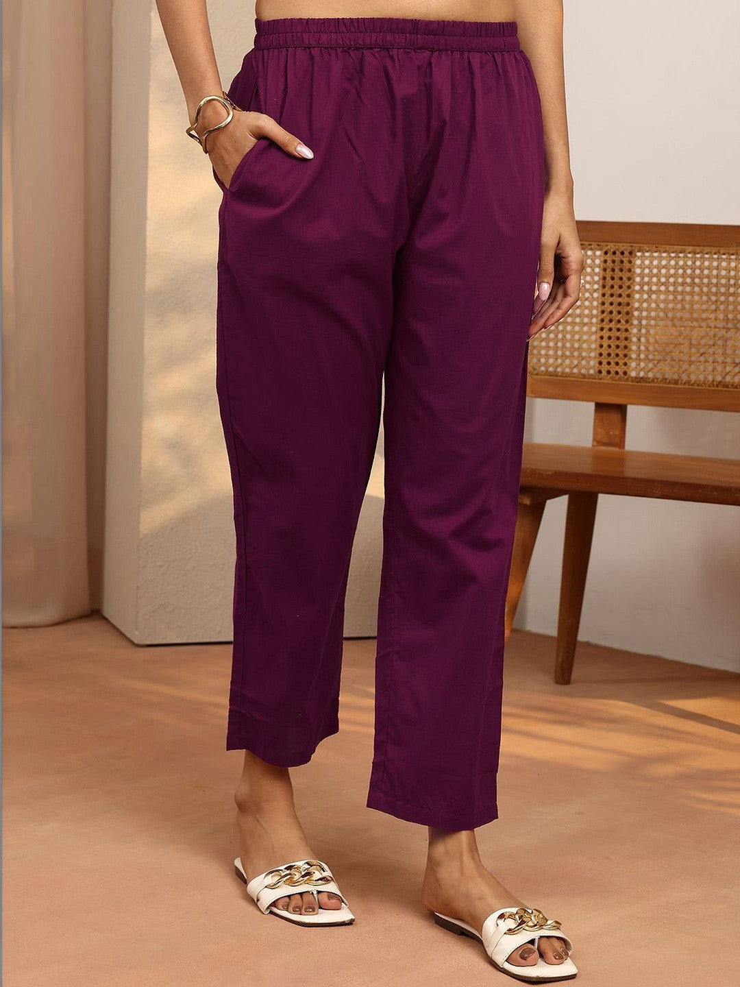 Burgundy Printed Cotton Straight Suit Set With Dupatta