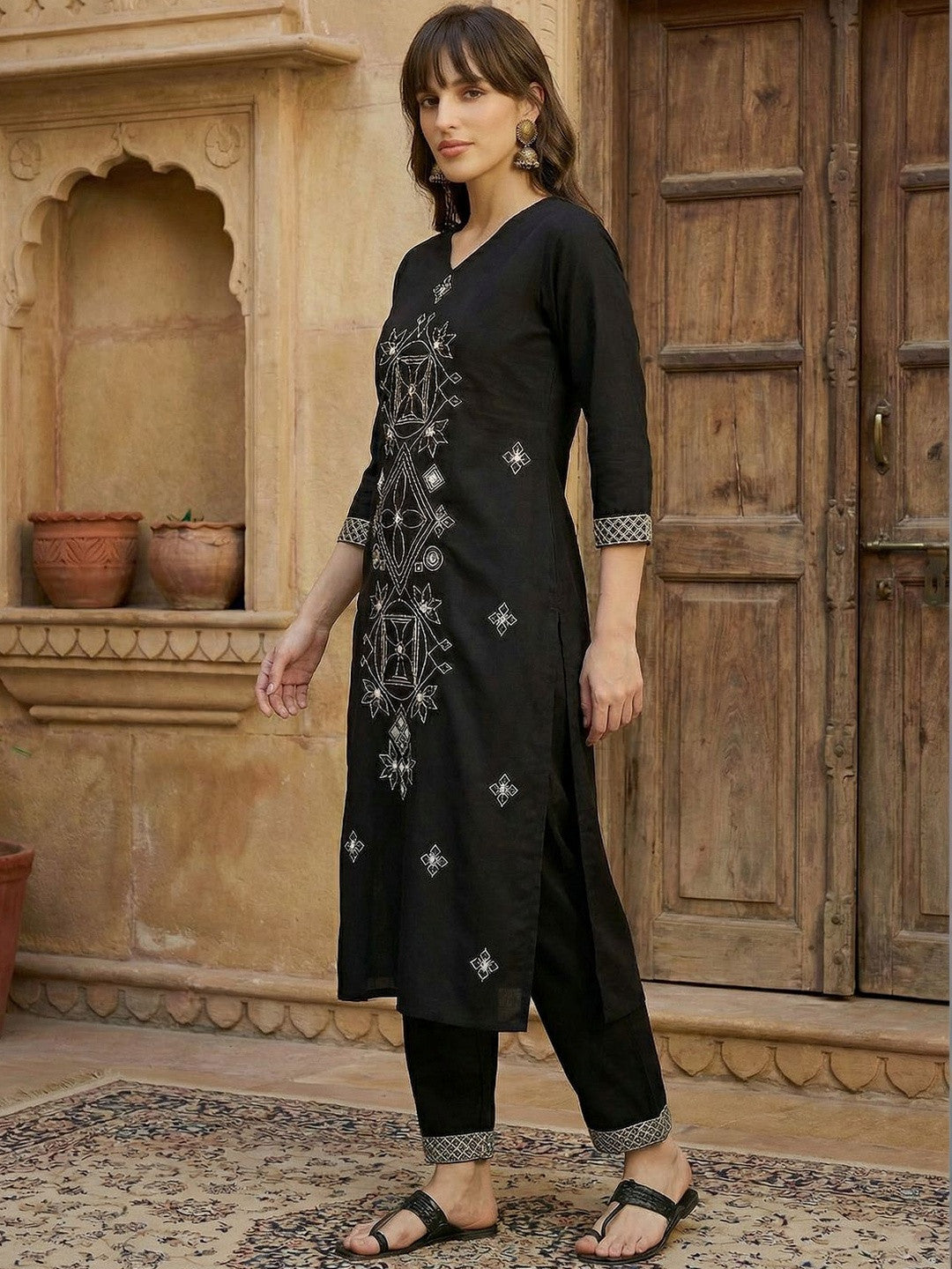Women Embroidered Regular Black Thread Work Kurta with Trousers