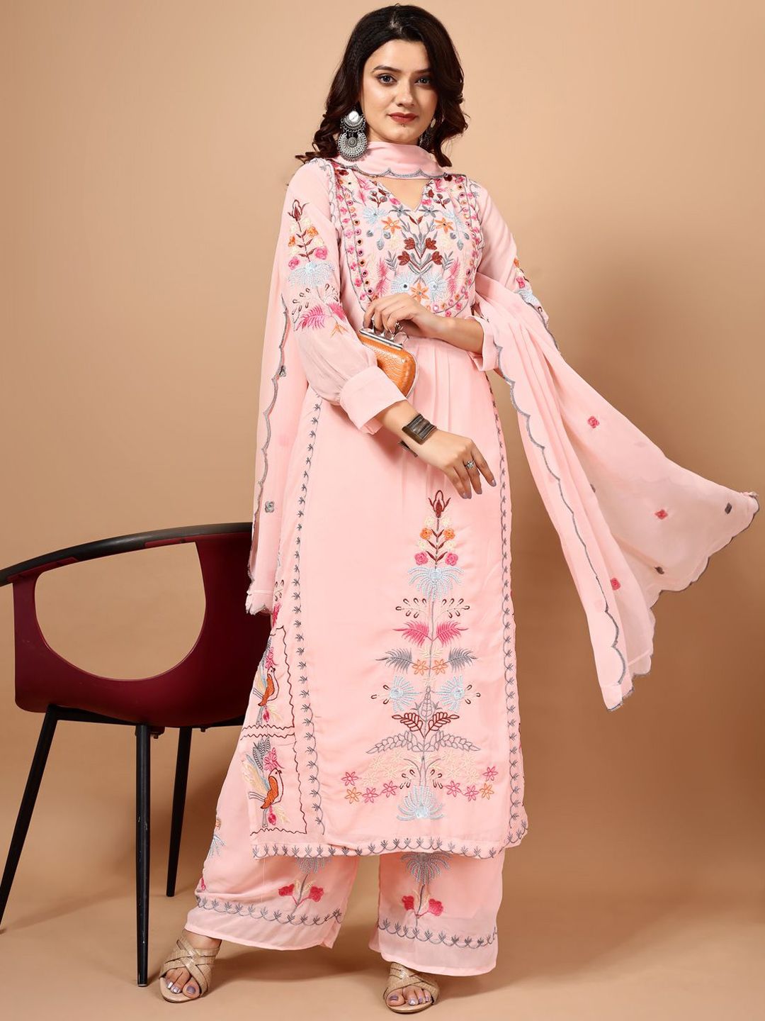 Dhiyona KL Floral Embroidered Thread Work Georgette Straight Kurta with Palazzo & Dupatta