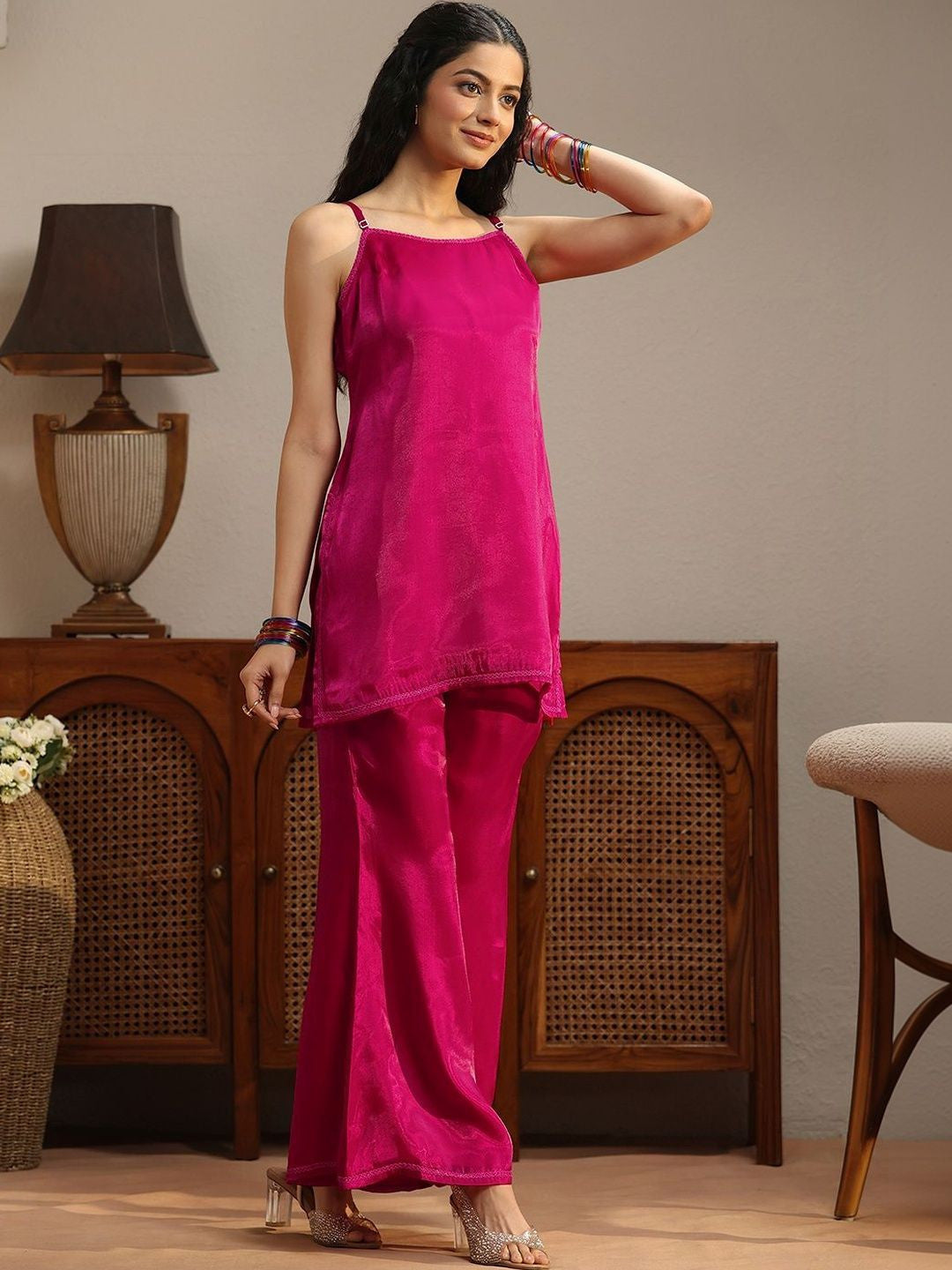 Libas Pink Solid Tissue Palazzo Suit Set
