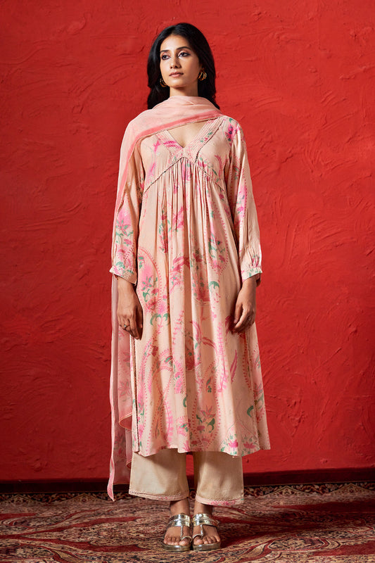 Women's Apricot Illusion Viscose Muslin Jacquard and Pink Print Salwar Suit