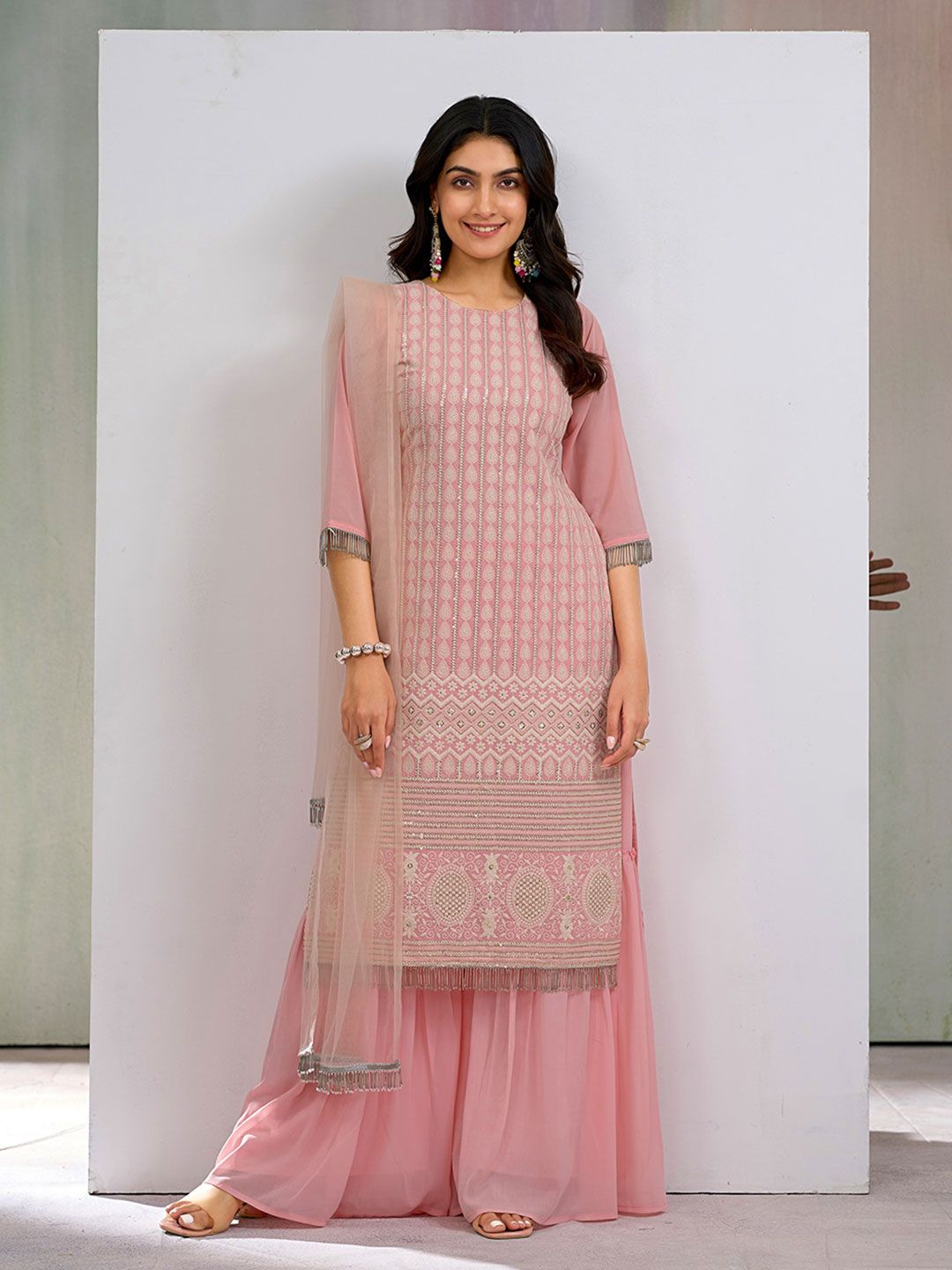 Dhiyona CH Women Floral Embroidered Kurta with Sharara & Dupatta
