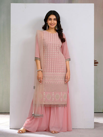 Dhiyona CH Women Floral Embroidered Kurta with Sharara & Dupatta