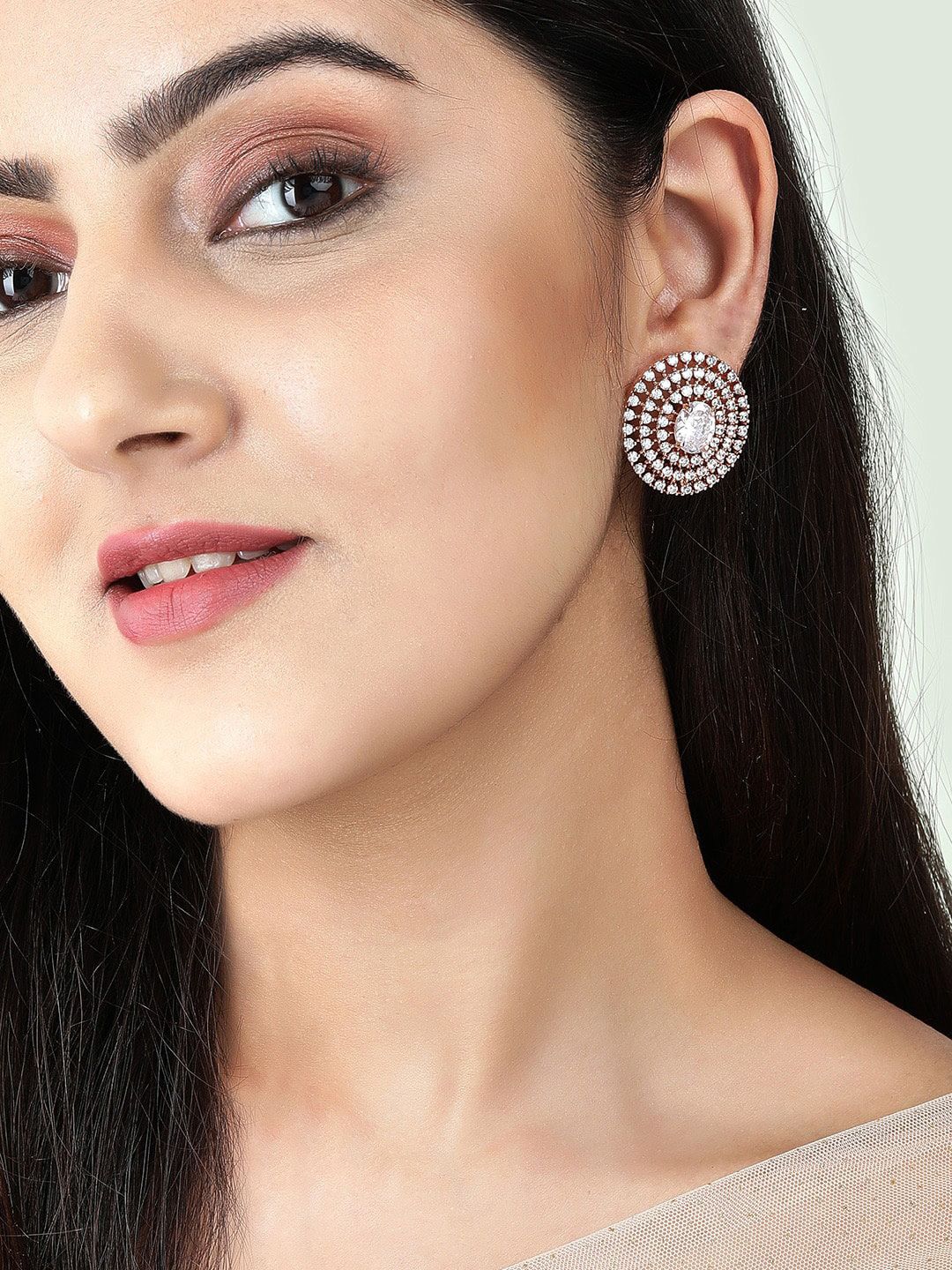Dhiyona RJ Women's Rose Gold-Plated AD Studded Circular Oversized Stud Earrings