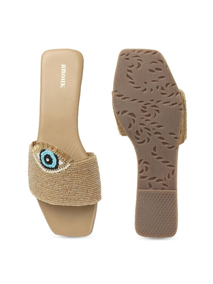 Dhiyona AK Beige Embellished Evil Eye Classic Open Toe Flats