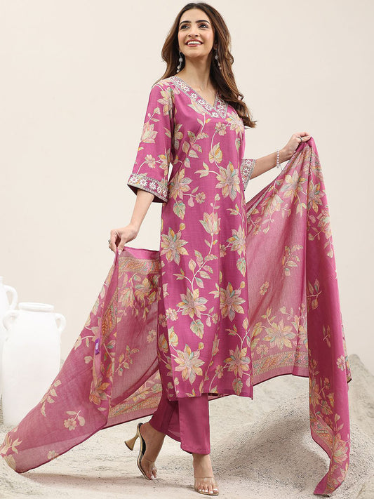 Floral Printed Straight Kurta with Trousers & Dupatta