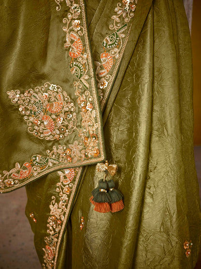 Dhiyona KM Women Olive Green Saree : Heritage And Elegance