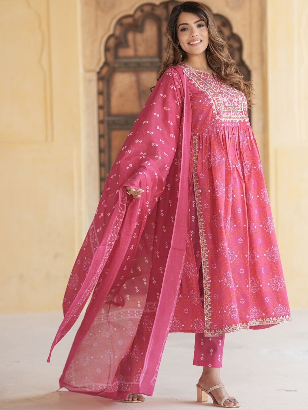 Dhiyona KL Ethnic Motifs Embroidered Thread Work Empire Pure Cotton Kurta Trousers & Dupatta