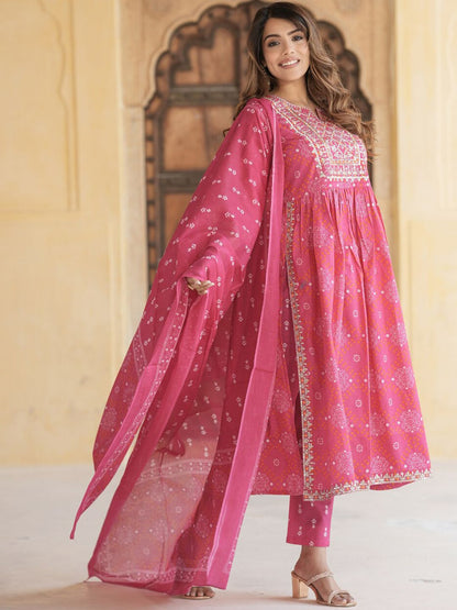 Dhiyona KL Ethnic Motifs Embroidered Thread Work Empire Pure Cotton Kurta Trousers & Dupatta