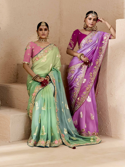 Dhiyona KM Women Shaded Pink & Lavender Tussar Silk Saree