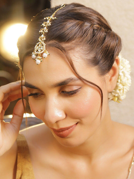 Dhiyona RJ Women's 22K Gold Plated Kundan & Pearl Studded Maang Tikka Traditional and Elegant Jewelry