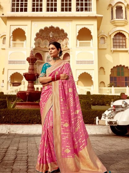 Dhiyona KM Women Pink Banarasi Silk Saree With Gold Zari Weaving
