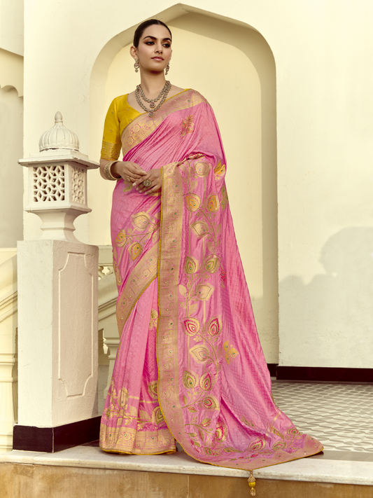 Dhiyona KM Women Pink Silk Saree With Contrast Yellow Blouse