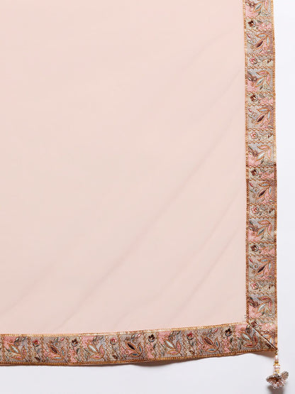 Dhiyona LL Women Peach-Coloured Floral Embroidered Sequinned Pure Silk Kurta with Palazzos & With Dupatta