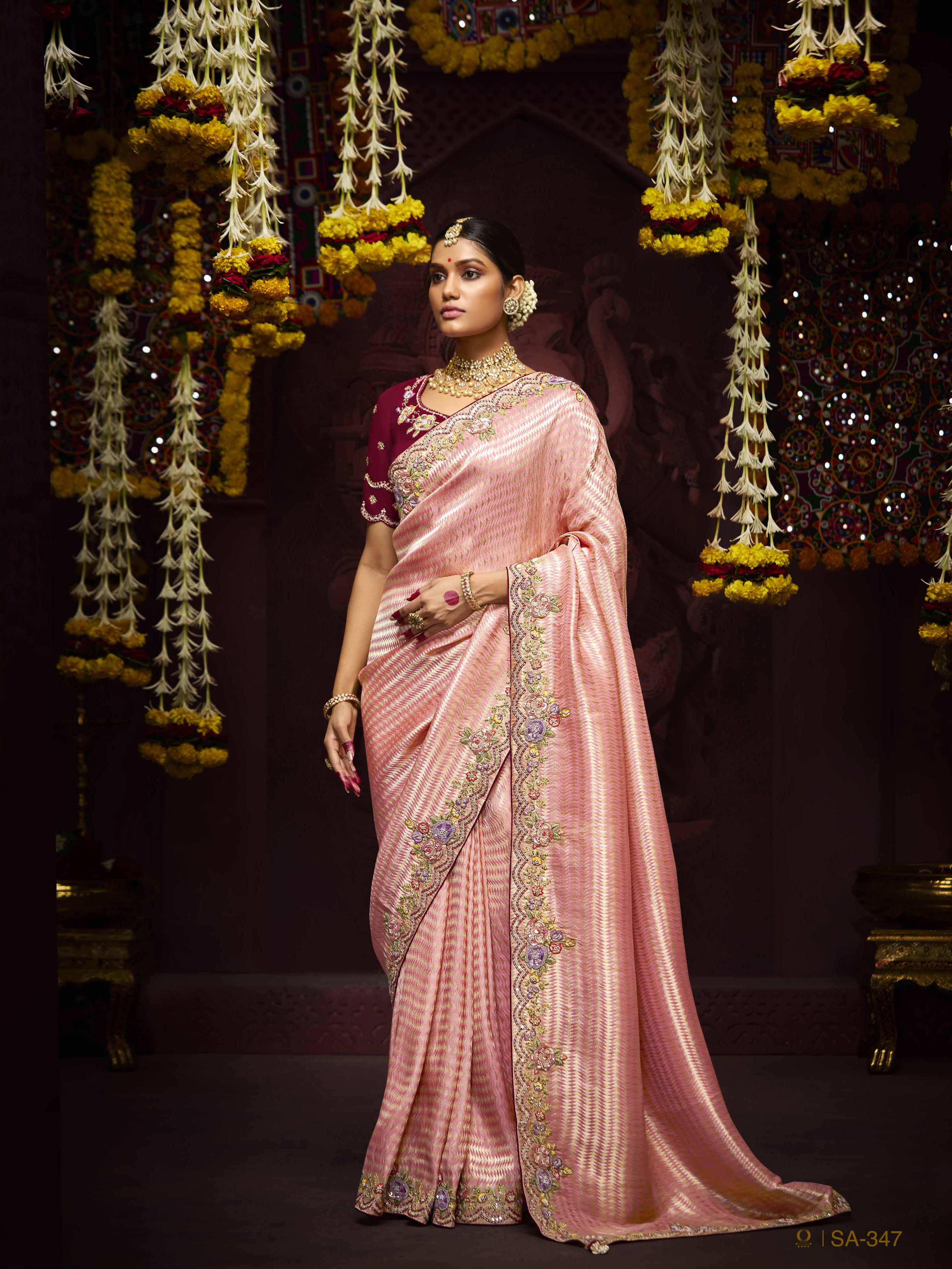 Dhiyona KM Women The Blossom Pink Banarasi Saree With Maroon Reverie Blouse