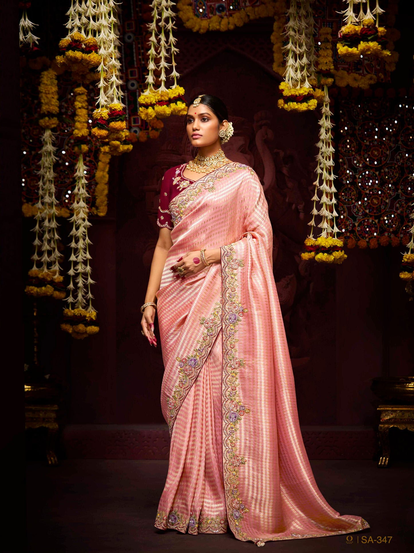 Dhiyona KM Women The Blossom Pink Banarasi Saree With Maroon Reverie Blouse