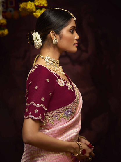 Dhiyona KM Women The Blossom Pink Banarasi Saree With Maroon Reverie Blouse