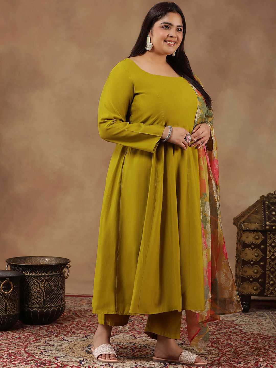 Dhiyona IN Round Neck Empire Anarkali Kurta With Trousers & Dupatta