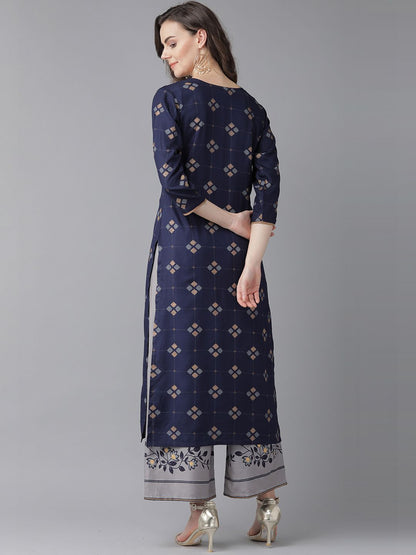 Dhiyona IE Women Navy Blue Floral Printed Thread Work Kurta