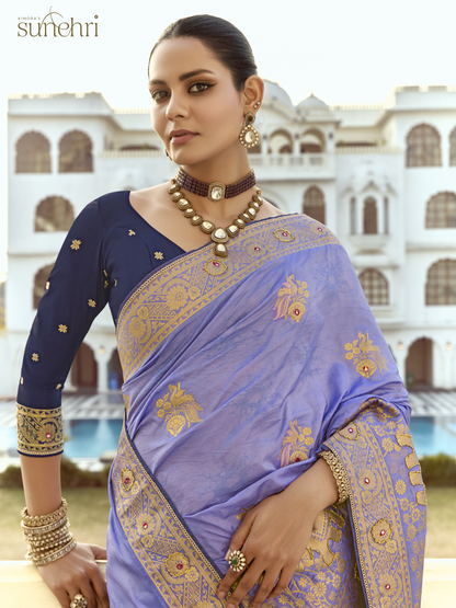 Dhiyona KM Women Lavender Banarasi Silk Saree With Blue Contrast Blouse