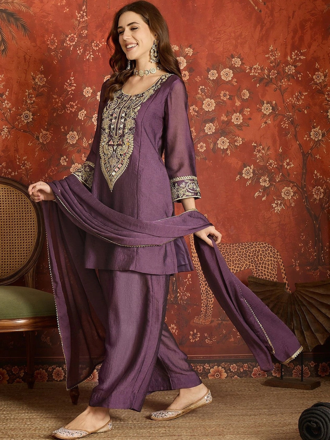 Women Ethnic Motifs Embroidered Regular Pure Silk Kurta with Dhoti Pants & With Dupatta