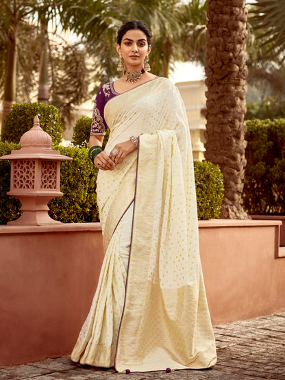Dhiyona KM Women Ivory Elegance “ Royal Silk Saree With Intricate Embroidery