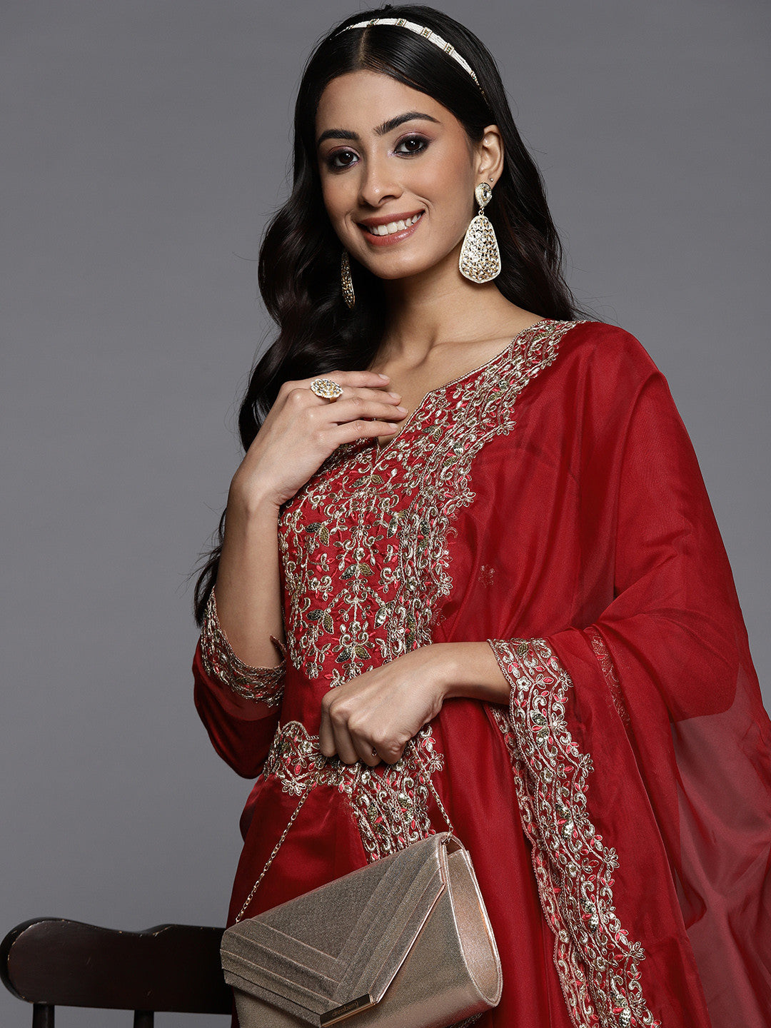 Women Red Ethnic Motifs Embroidered Sequinned Liva Kurta with Trousers & Dupatta