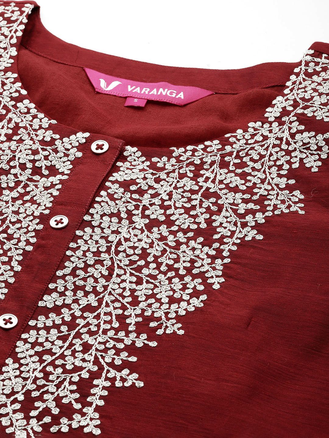 Maroon Floral Embroidered Regular Chanderi Silk Zari Kurta with Trousers & Dupatta
