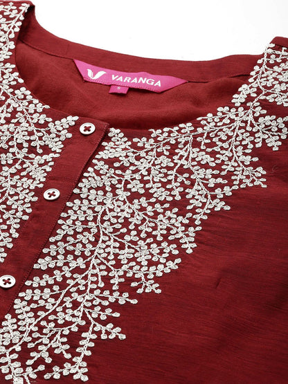 Maroon Floral Embroidered Regular Chanderi Silk Zari Kurta with Trousers & Dupatta