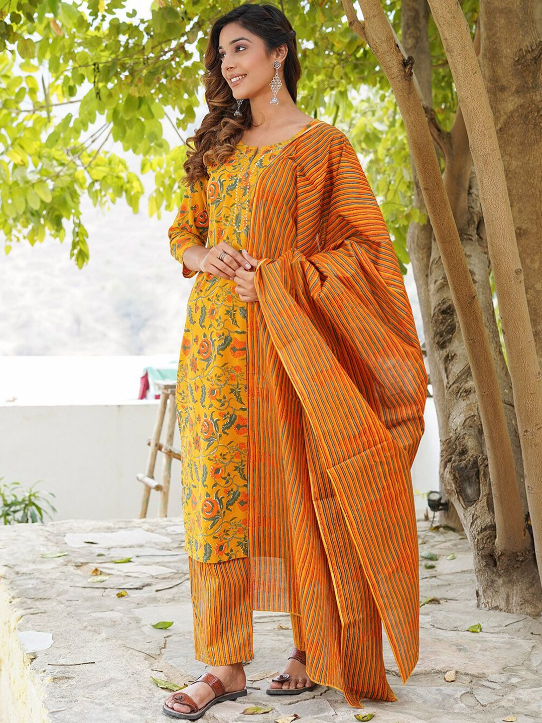 Dhiyona KL Floral Printed Gotta Patti Pure Cotton Kurta with Trousers & Dupatta