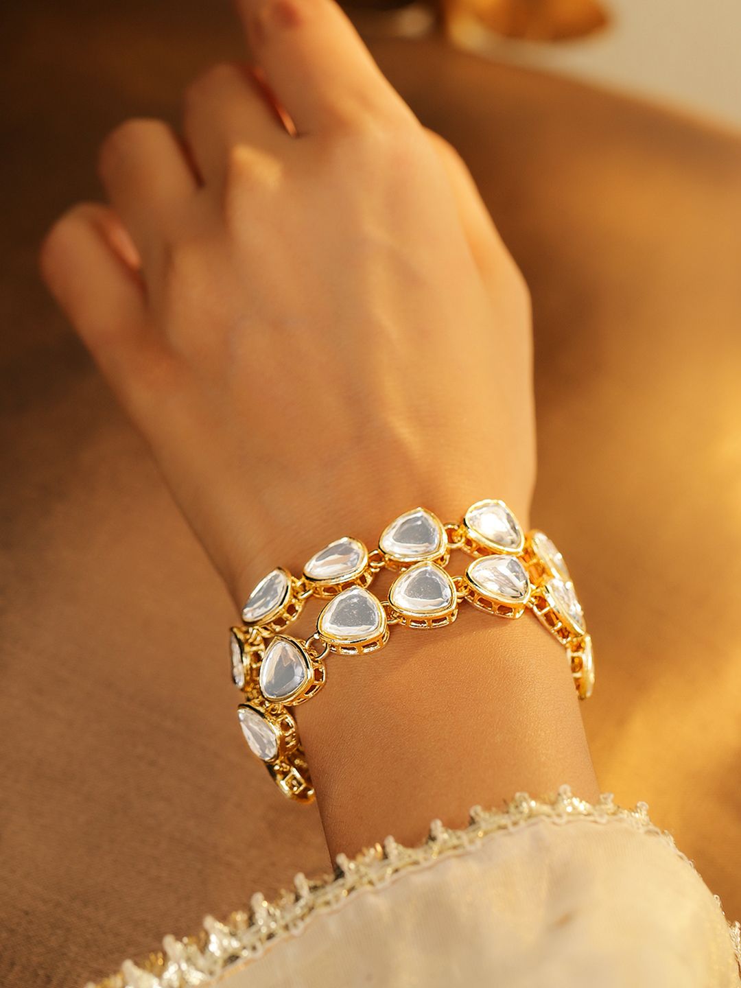 Dhiyona RJ Women's 18K Gold-Plated White Kundan Studded Double-Layered Statement Bracelet