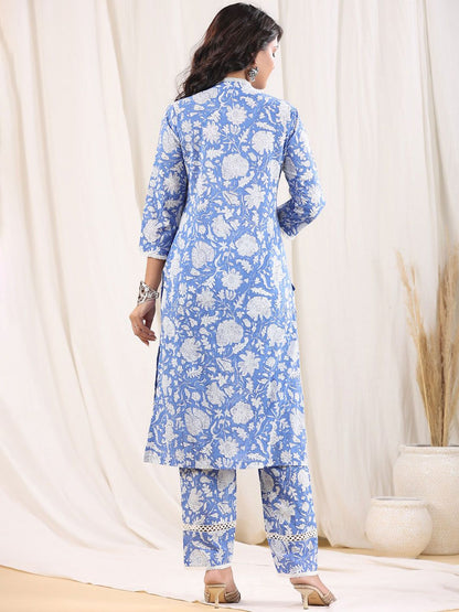 Dhiyona RR Women's Floral Printed V-Neck Regular Pure Cotton Kurta with Trousers