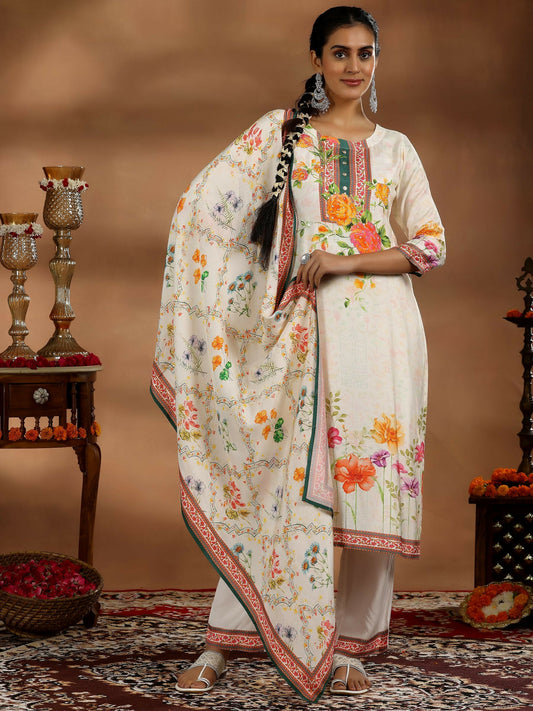 Women's LB Off White Printed Cotton Blend Straight Suit With Dupatta