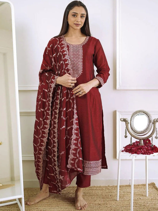 Yoke Design Scoop Neck Straight Sequinned Kurta With Trousers And Dupatta