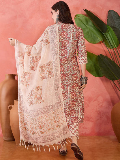 Floral Printed A Line Mandarin Collar Neck Kurta With Trouser & Dupatta