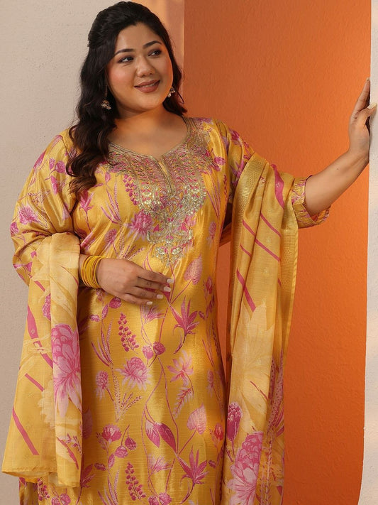 Dhiyona Women's Plus Size Floral Printed Regular Kurta with Palazzos & With Dupatta