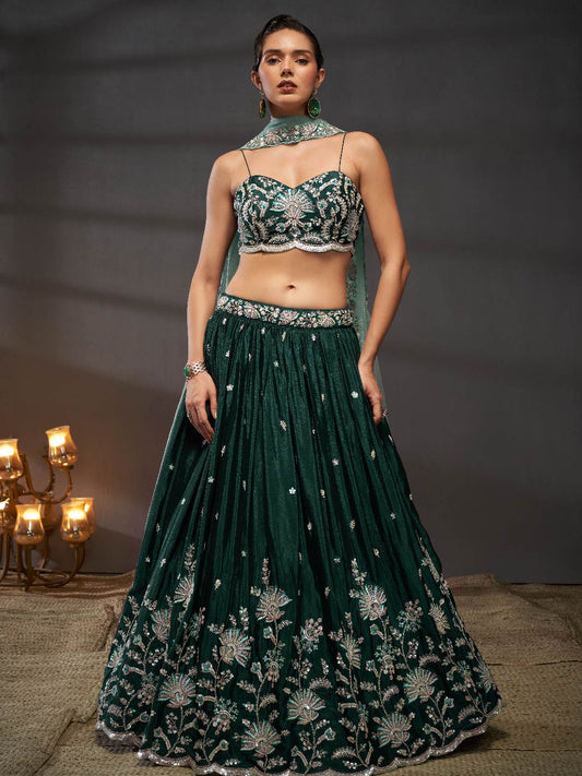 Women Green Pure Chiffon Sequins embroidery  Lehenga choli & Dupatta