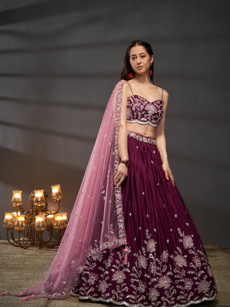 Women Burgundy Pure Chiffon Sequins embroidery  Lehenga choli & Dupatta