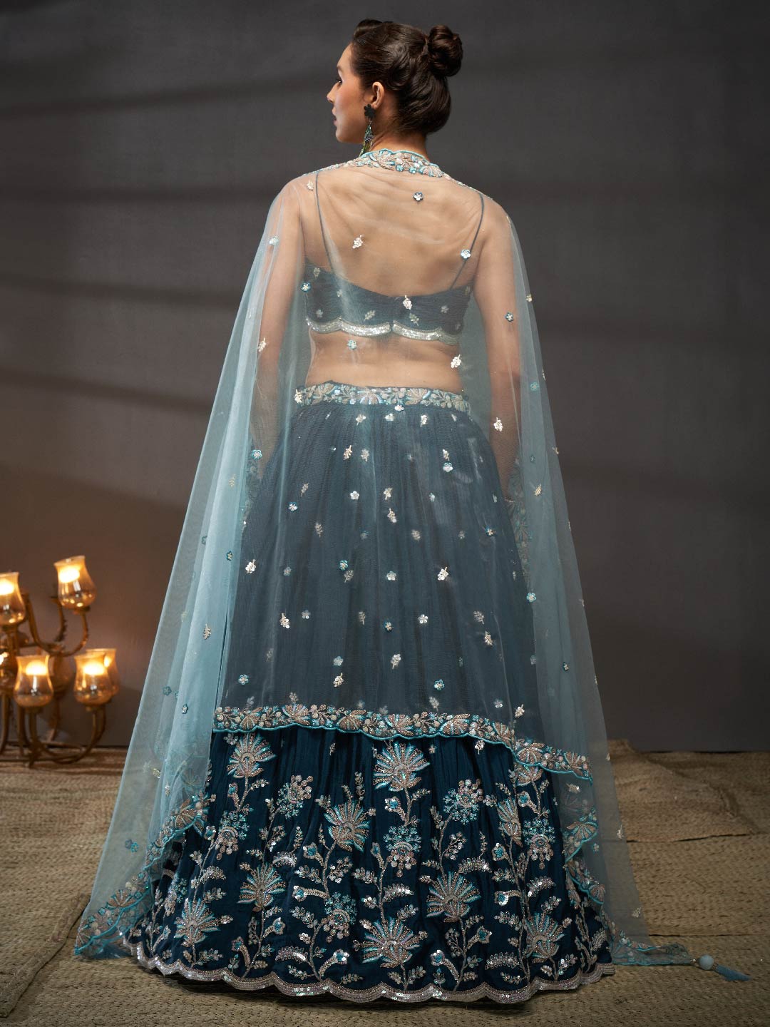 Women Teal Pure Chiffon Sequins embroidery  Lehenga choli & Dupatta