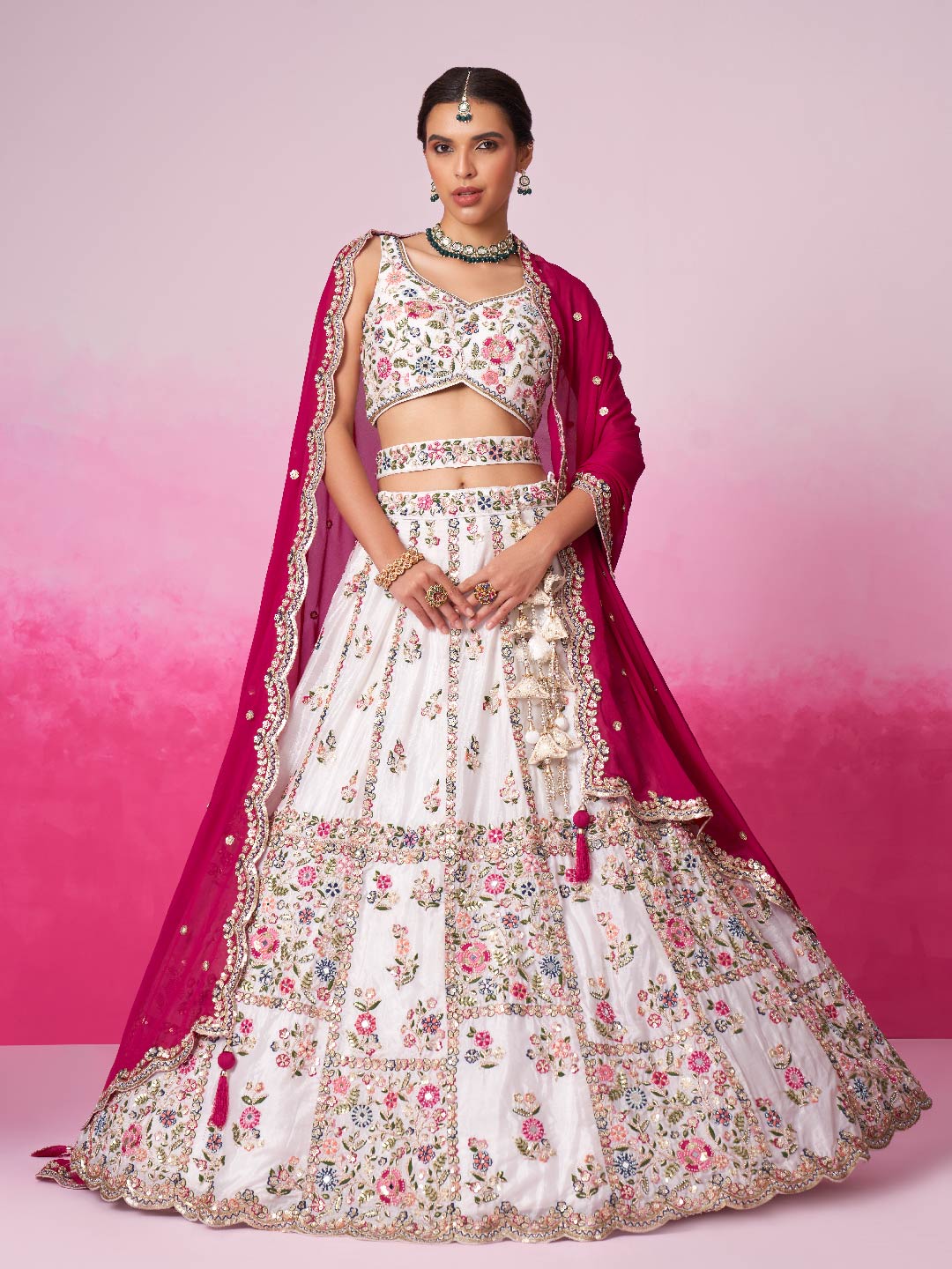 Women Cream Georgette Moti, Sequins embroidery  Bridel Lehenga choli & Dupatta